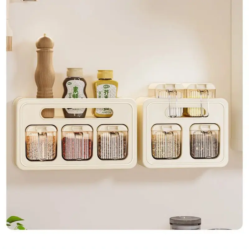 Household Plastic Wall Mounted Seasoning Box No Punching Waterproof Spice Rack with Spoons Moisture-proof Condiment Storage