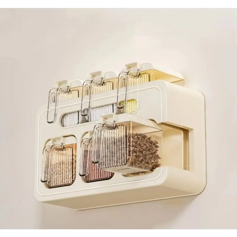 Household Plastic Wall Mounted Seasoning Box No Punching Waterproof Spice Rack with Spoons Moisture-proof Condiment Storage