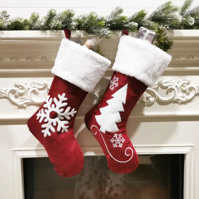 Christmas Stocking Xmas Snowflake Elk Deer Stockings Soft Plush Faux Fur Cuffs Gift Bag for Stairs Fireplace Hanging Home Decor