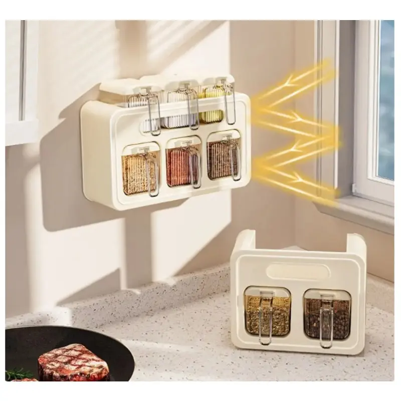 Household Plastic Wall Mounted Seasoning Box No Punching Waterproof Spice Rack with Spoons Moisture-proof Condiment Storage