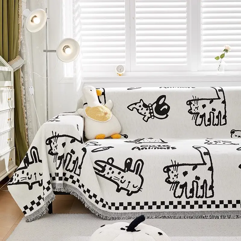 Graffiti Cat Chenille Sofa Covers for Living Room Cartoon Animal Towel with Tassels Slip Covers Anti Cat Scratch Couch Blankets