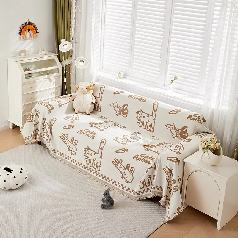 Graffiti Cat Chenille Sofa Covers for Living Room Cartoon Animal Towel with Tassels Slip Covers Anti Cat Scratch Couch Blankets