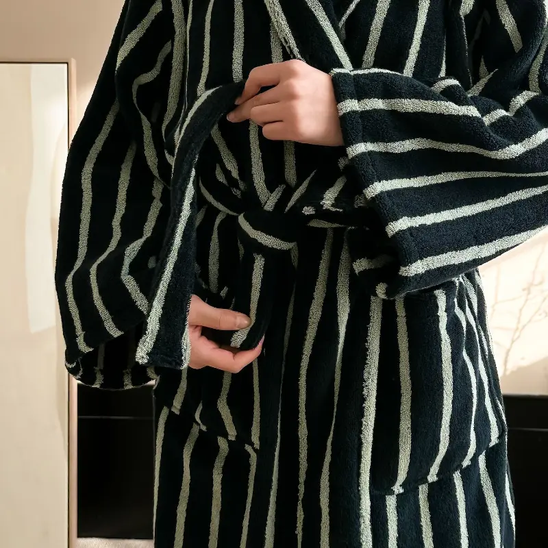 Striped Bathrobe for Couples Homewear Simple Sweet Loungewear Pure Cotton Comfortable Long Nightgown Robe Home Clothes