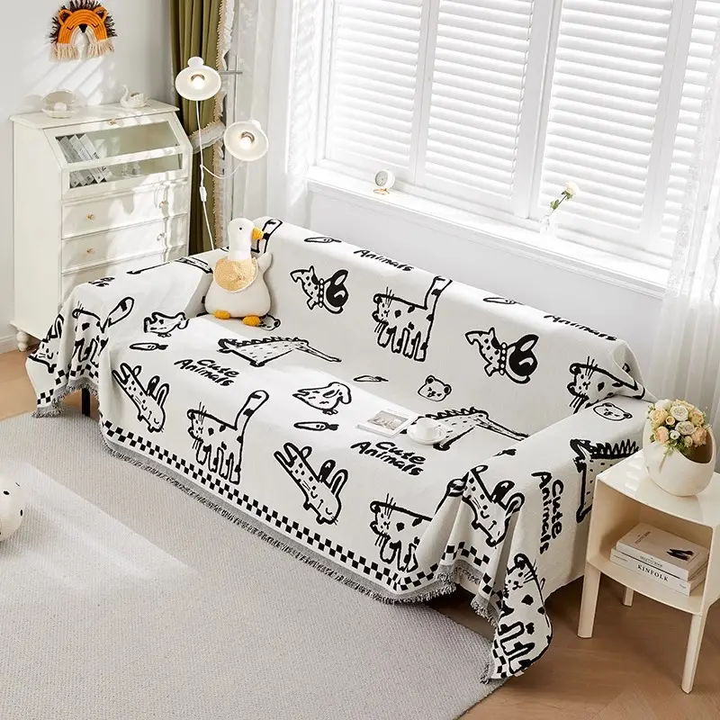 Graffiti Cat Chenille Sofa Covers for Living Room Cartoon Animal Towel with Tassels Slip Covers Anti Cat Scratch Couch Blankets