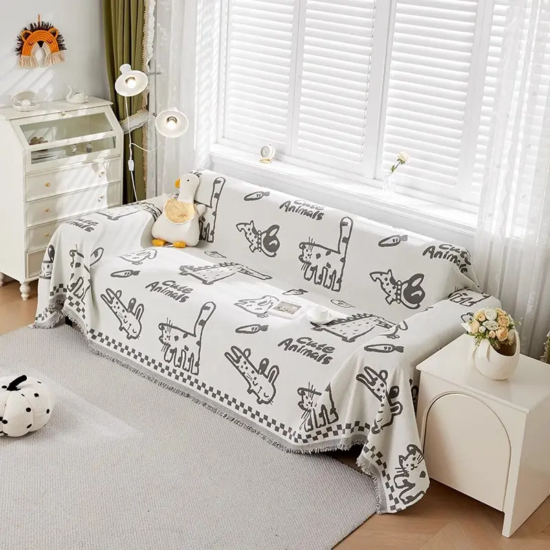 Graffiti Cat Chenille Sofa Covers for Living Room Cartoon Animal Towel with Tassels Slip Covers Anti Cat Scratch Couch Blankets