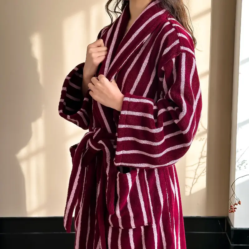Striped Bathrobe for Couples Homewear Simple Sweet Loungewear Pure Cotton Comfortable Long Nightgown Robe Home Clothes