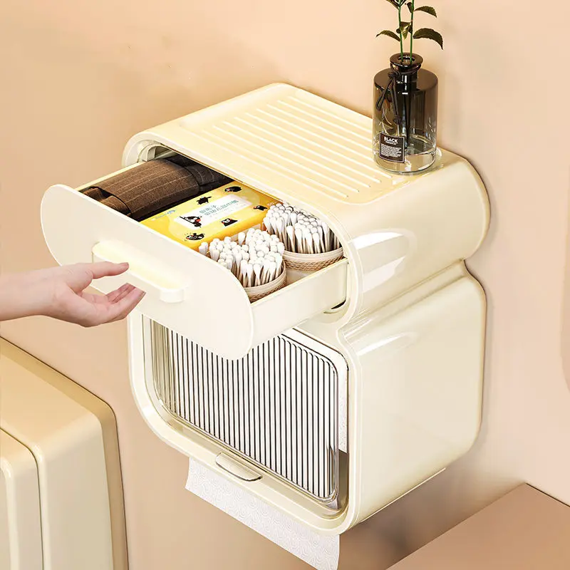 Toilet Tissue Box Wall Mounted Paper Tube Paper Drawer Storage Bathroom Double Layer Storage Rack Toilet Roll Holder Waterproof