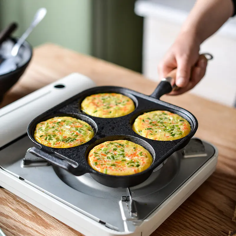 Cast Iron Egg Frying Pan Four Hole Egg Dumpling Pot Hamburger Machine Mold Breakfast Non Stick Pot Kitchen Pans