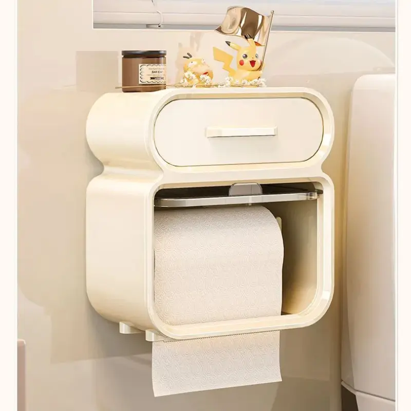 Toilet Tissue Box Wall Mounted Paper Tube Paper Drawer Storage Bathroom Double Layer Storage Rack Toilet Roll Holder Waterproof