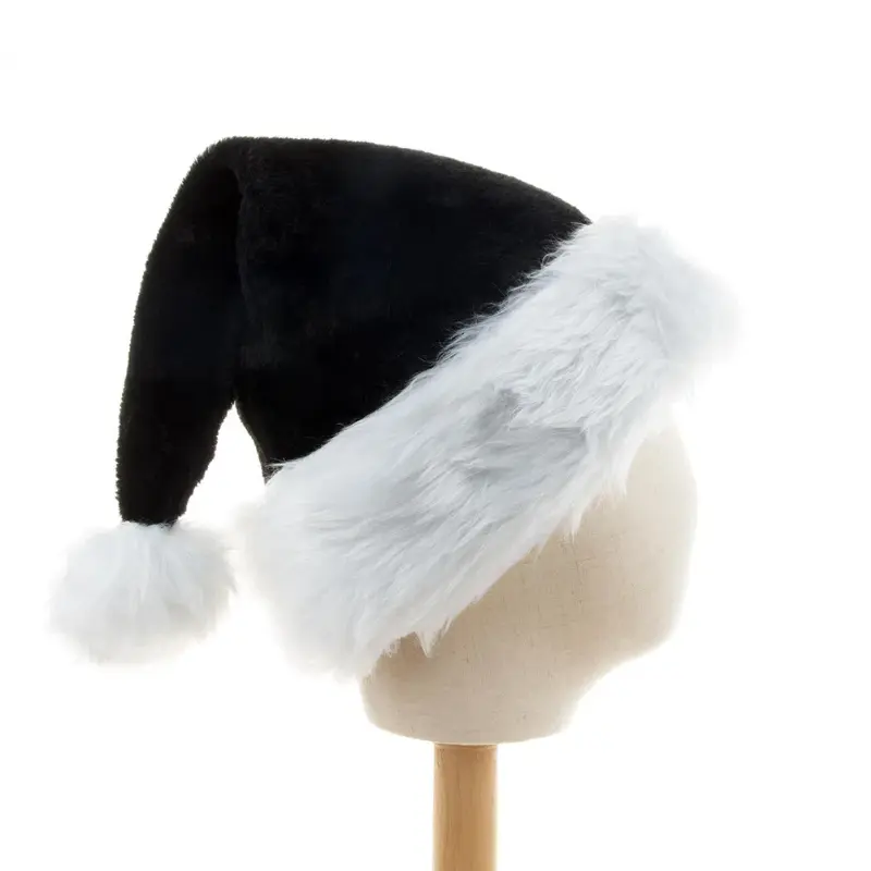 45cm Christmas Cap Adult Santa Hat Black Plush Christmas Hat Long Christmas Hat Xmas Costume Pompom Santa Claus Cap
