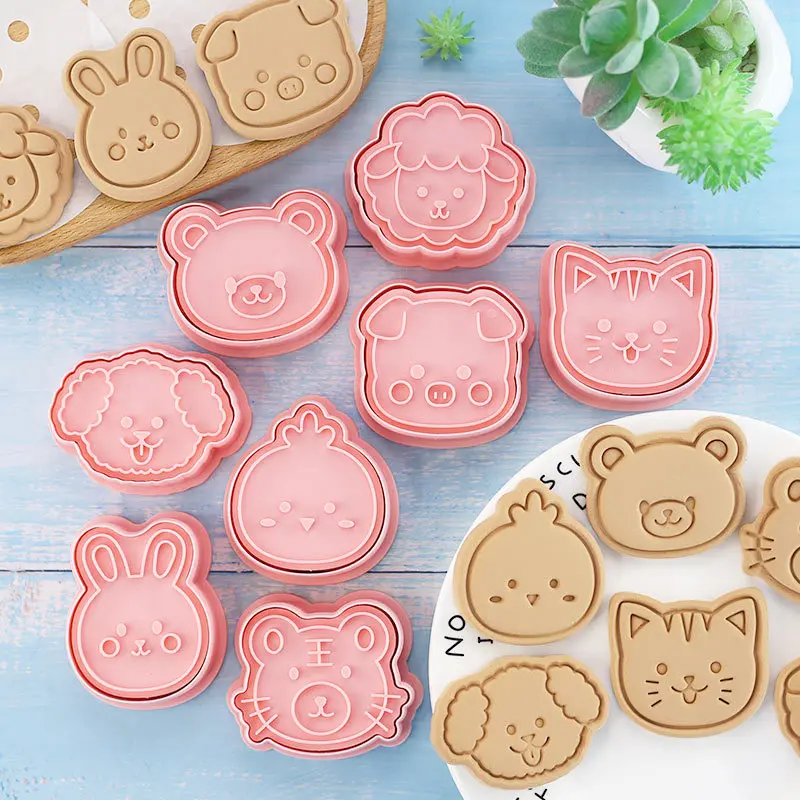 8Pcs/Set Cookie Cutters Plastic Cartoon Animal 3D Bear Chicken Cat Pressable Biscuit Mold Kitchen Baking Pastry Sugarcraft