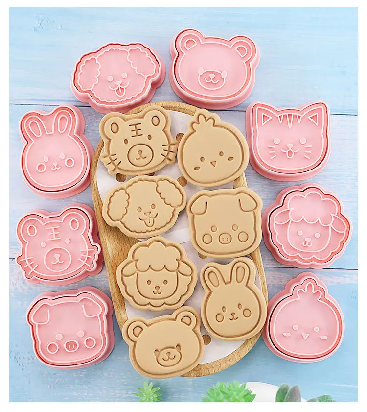 8Pcs/Set Cookie Cutters Plastic Cartoon Animal 3D Bear Chicken Cat Pressable Biscuit Mold Kitchen Baking Pastry Sugarcraft