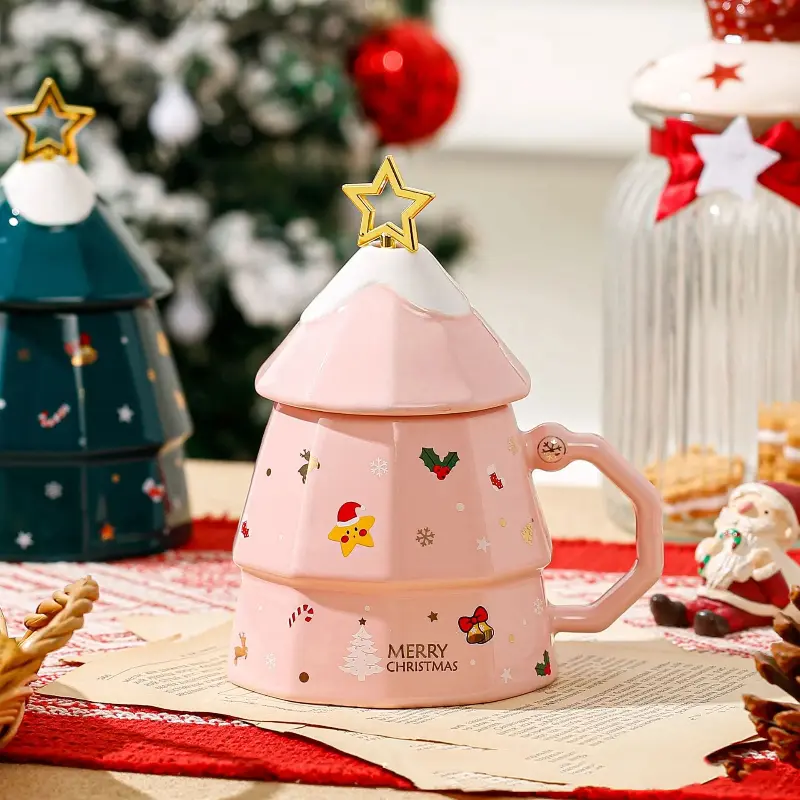 Christmas Cup 350ml Red Coffee Cup High-capacity with Spoon Deer Decoration Mug Lid Cartoon Ceramic Breakfast Mug Camellia Tea