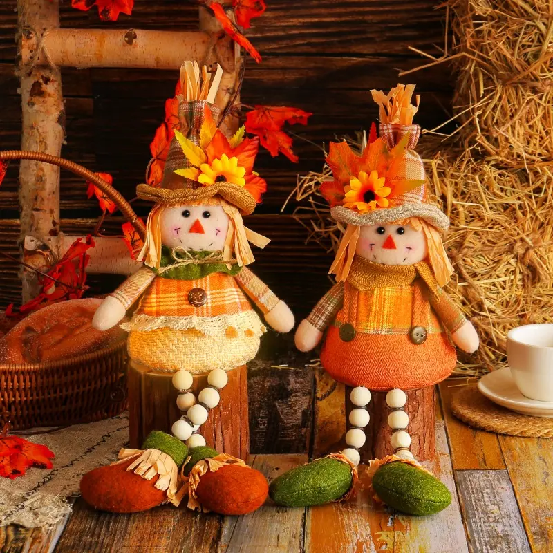 Halloween Gnomes Doll Harvest Season Maple Leaf Straw Hat Long Plush Dwarf Dolls Autumn Halloween Thanksgiving Decorative Doll