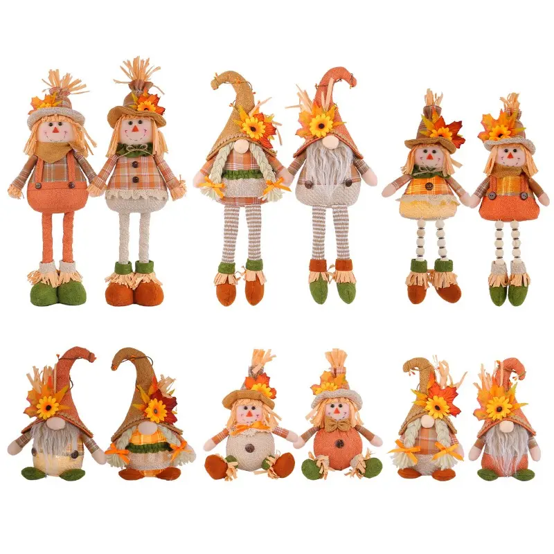 Halloween Gnomes Doll Harvest Season Maple Leaf Straw Hat Long Plush Dwarf Dolls Autumn Halloween Thanksgiving Decorative Doll