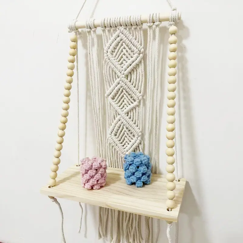 Handmade Wooden Swing Hanging Hemp Rope Wall Hanging Rack Floating Home Living Room Plant Flowerpot Tray Storage Decoration