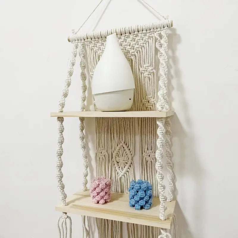 Handmade Wooden Swing Hanging Hemp Rope Wall Hanging Rack Floating Home Living Room Plant Flowerpot Tray Storage Decoration