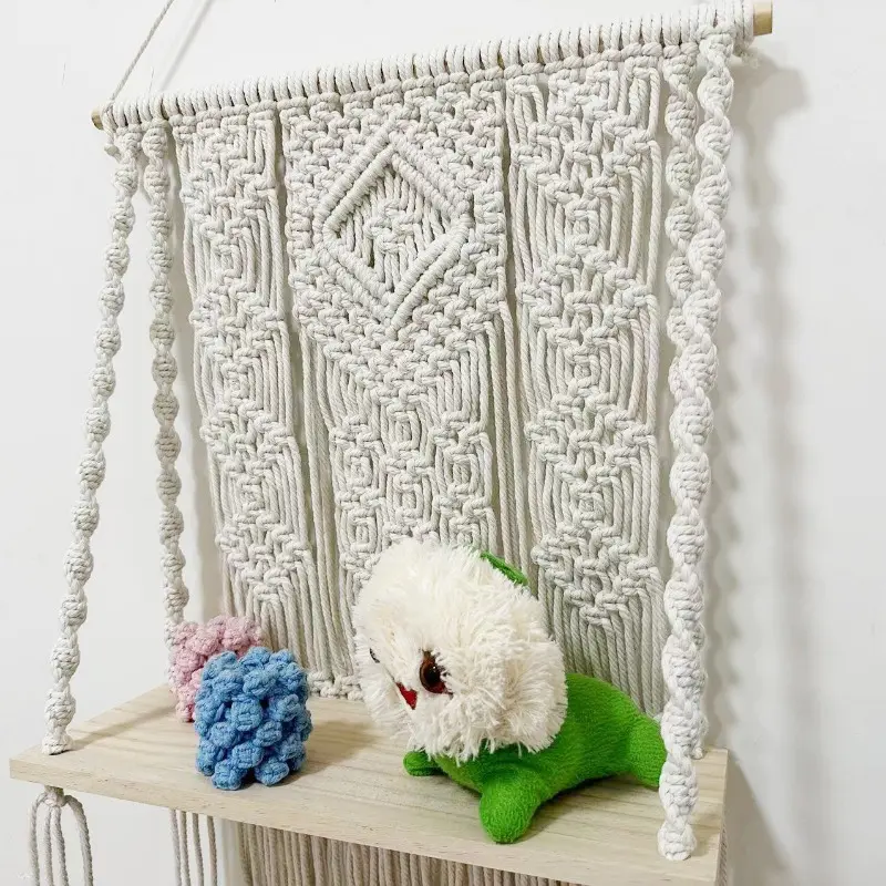 Handmade Wooden Swing Hanging Hemp Rope Wall Hanging Rack Floating Home Living Room Plant Flowerpot Tray Storage Decoration