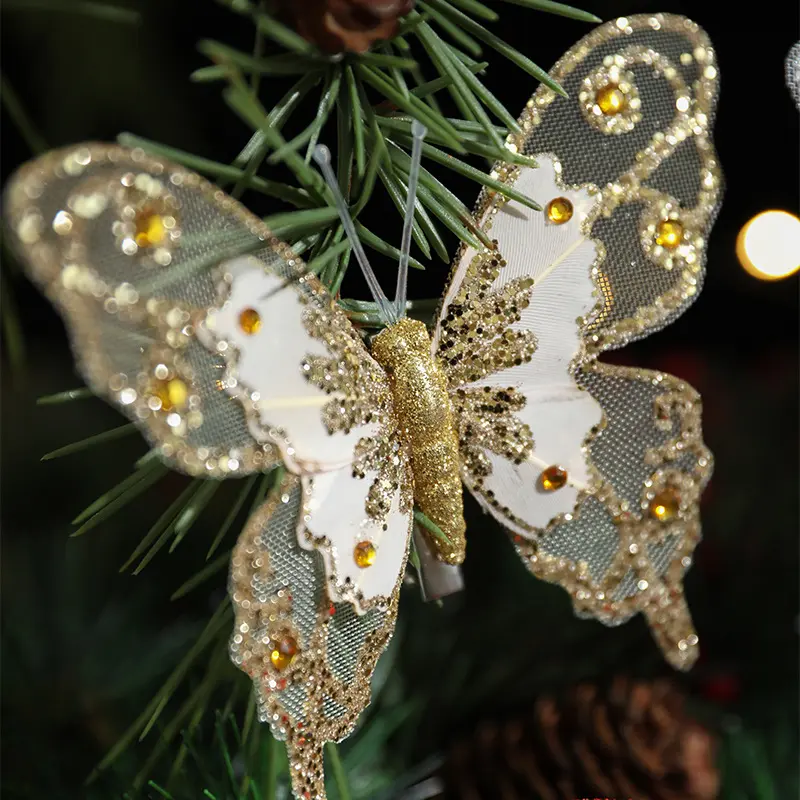 Glitter Christmas Ornament Crystal Sequin Butterfly with Clips DIY Xmas Tree Decoration Craft Fake Animal Navidad New Year Decor