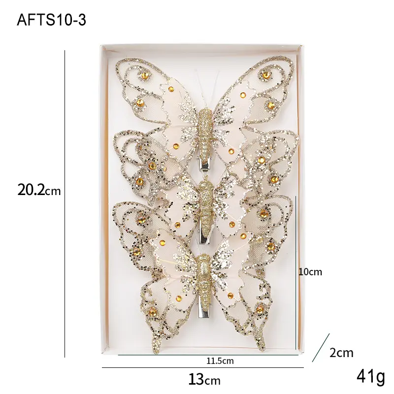 Glitter Christmas Ornament Crystal Sequin Butterfly with Clips DIY Xmas Tree Decoration Craft Fake Animal Navidad New Year Decor