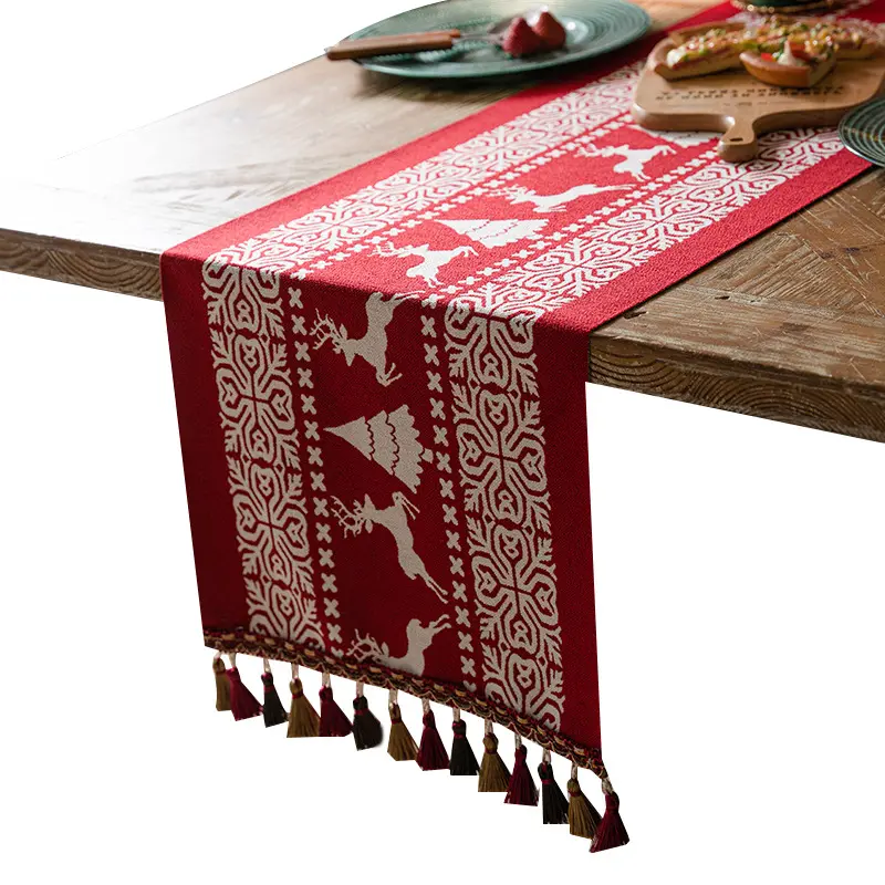 Christmas Jacquard Table Flag Polyester Santa Claus Table Flag Suitable for Home Festival Party Table Decoration TV Cabinet Set