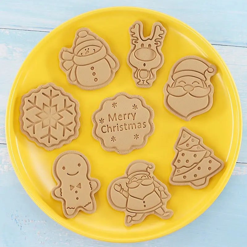 8pcs Christmas Cartoon Biscuit Molds 3D Pressable Cookie Mold Home DIY Baking Accessories