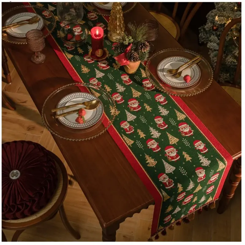 Christmas Jacquard Table Flag Polyester Santa Claus Table Flag Suitable for Home Festival Party Table Decoration TV Cabinet Set