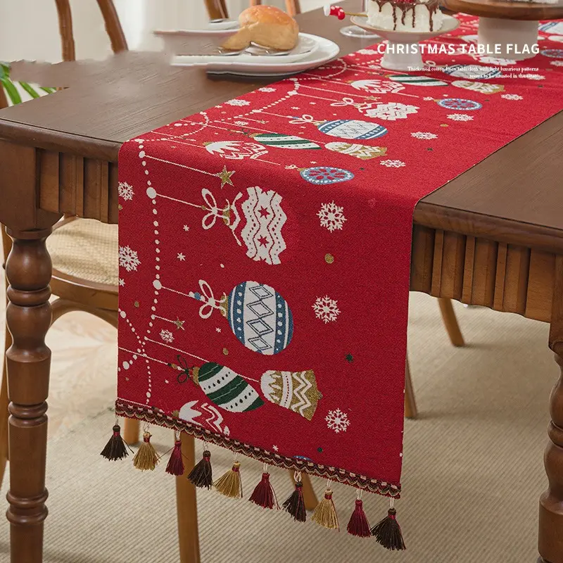 Christmas Jacquard Table Flag Polyester Santa Claus Table Flag Suitable for Home Festival Party Table Decoration TV Cabinet Set