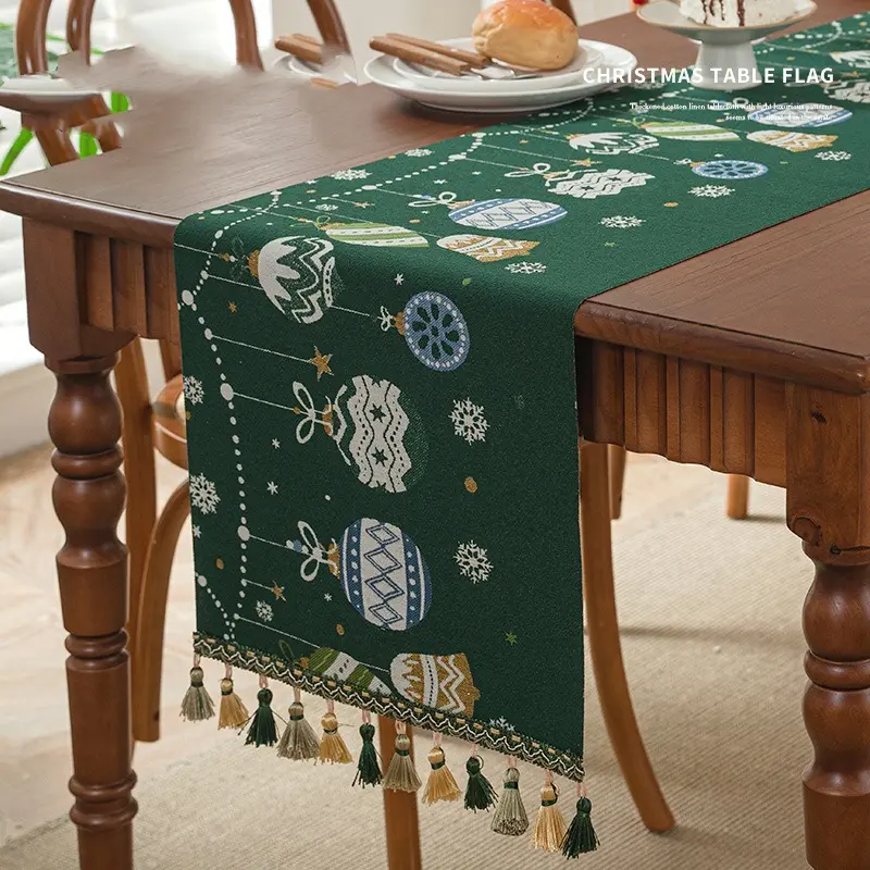 Christmas Jacquard Table Flag Polyester Santa Claus Table Flag Suitable for Home Festival Party Table Decoration TV Cabinet Set