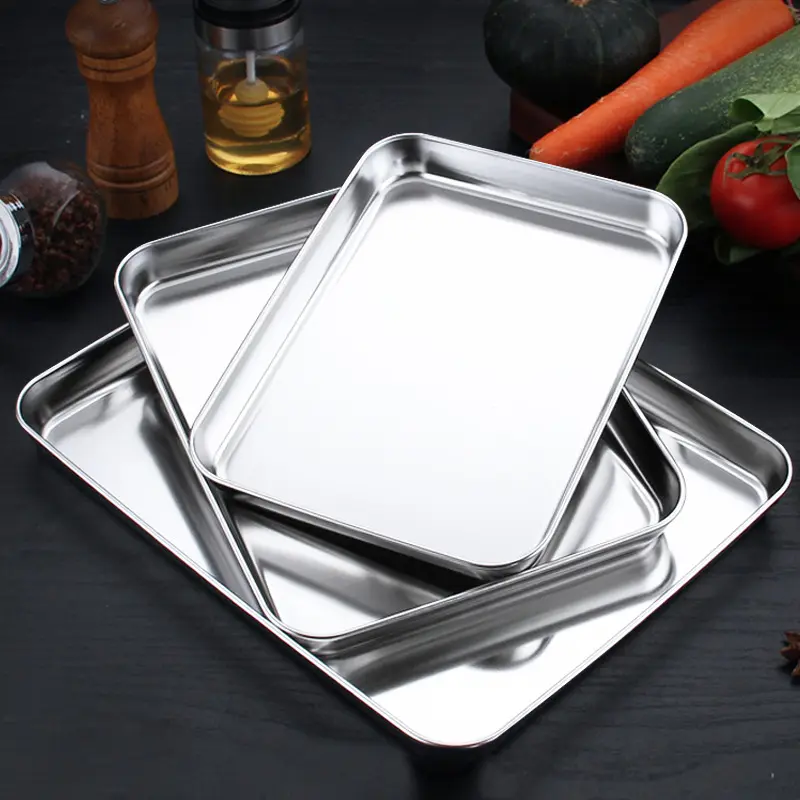 Stainless Steel Rectangle Food Tray Steamed Sausage Noodle Storage Pans Fruit Vegetables Plate Kitchen Baking Pastry Dish