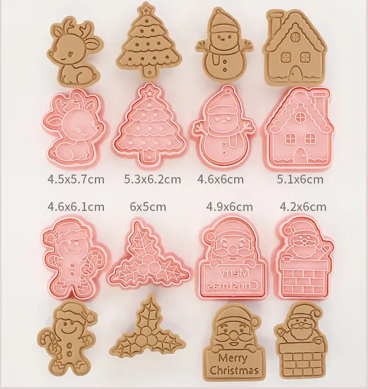 8Pcs/Set Cookie Cutters Plastic Christmas 3D Pressable Biscuit Mold Cookie Stamp Kitchen Baking Pastry Sugarcraft