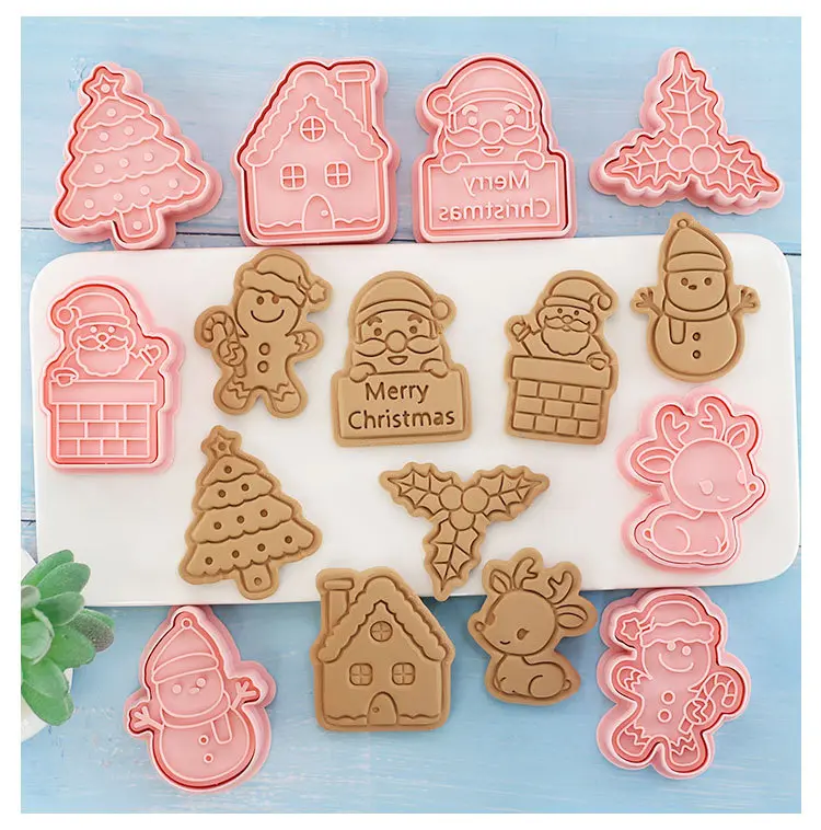 8Pcs/Set Cookie Cutters Plastic Christmas 3D Pressable Biscuit Mold Cookie Stamp Kitchen Baking Pastry Sugarcraft