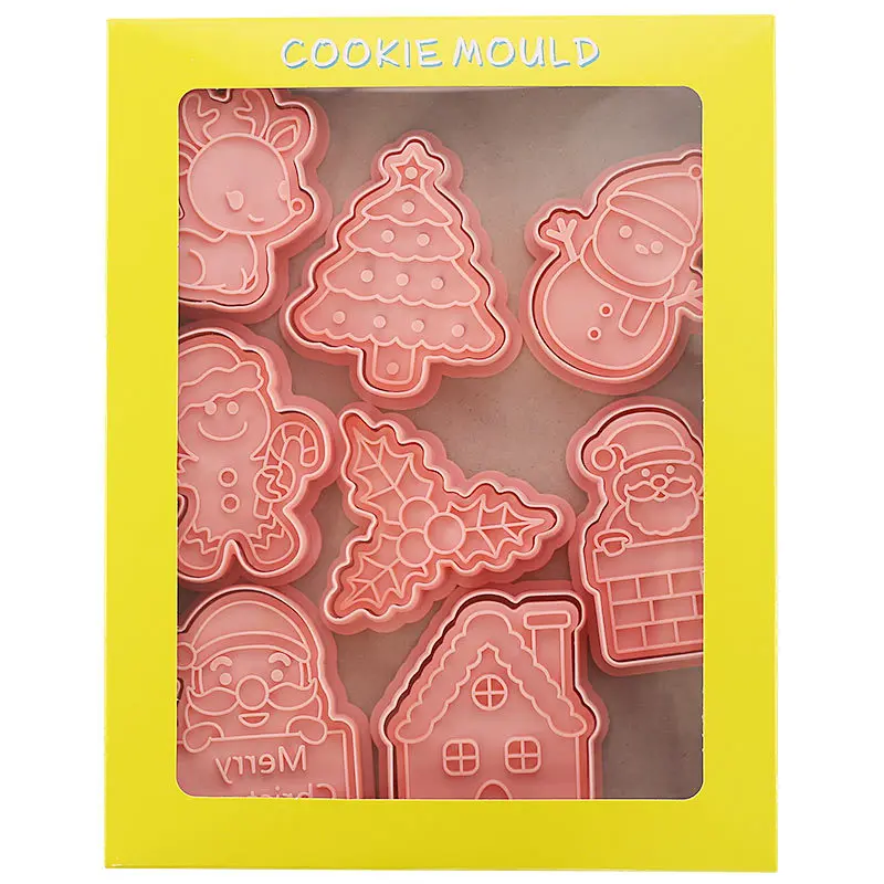 8Pcs/Set Cookie Cutters Plastic Christmas 3D Pressable Biscuit Mold Cookie Stamp Kitchen Baking Pastry Sugarcraft