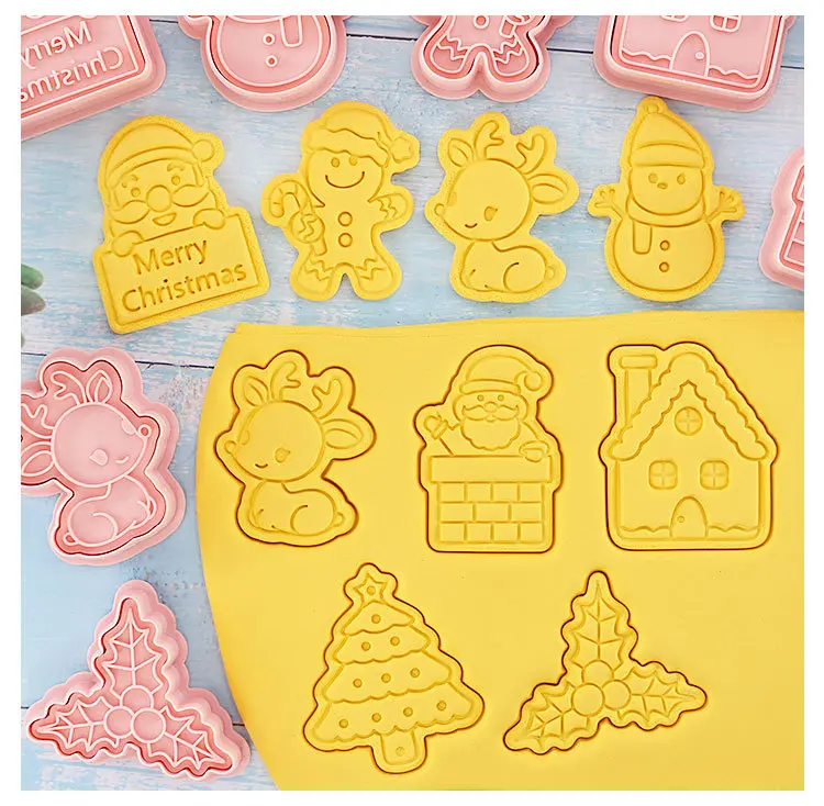 8Pcs/Set Cookie Cutters Plastic Christmas 3D Pressable Biscuit Mold Cookie Stamp Kitchen Baking Pastry Sugarcraft