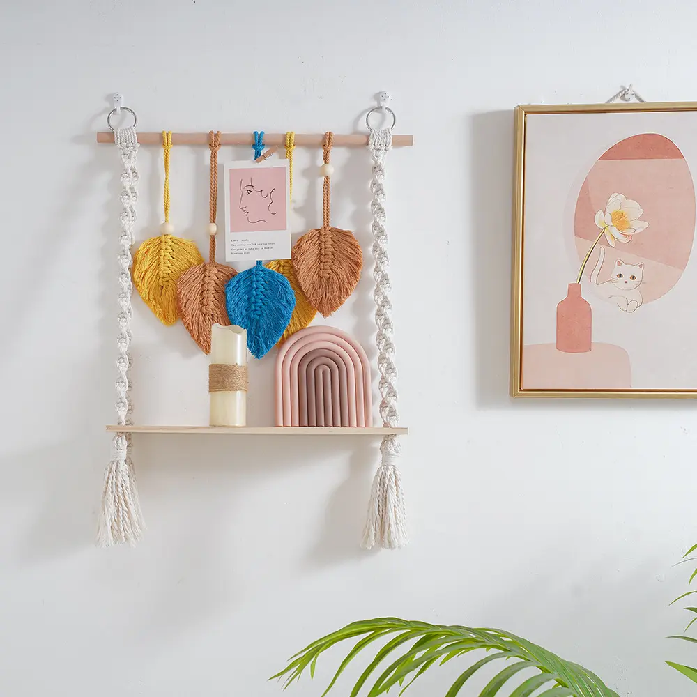 Creative Handmade Tapestry Storage Rack Hanging Shelf Wall Hanging Handmade Rope Wood Floating Shelves Hanging Bedroom Decor