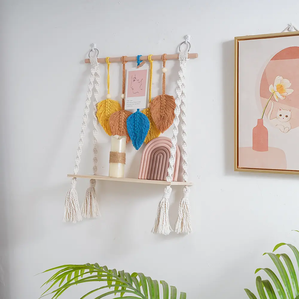 Creative Handmade Tapestry Storage Rack Hanging Shelf Wall Hanging Handmade Rope Wood Floating Shelves Hanging Bedroom Decor