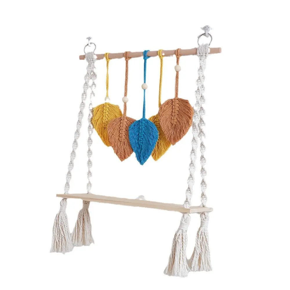Creative Handmade Tapestry Storage Rack Hanging Shelf Wall Hanging Handmade Rope Wood Floating Shelves Hanging Bedroom Decor