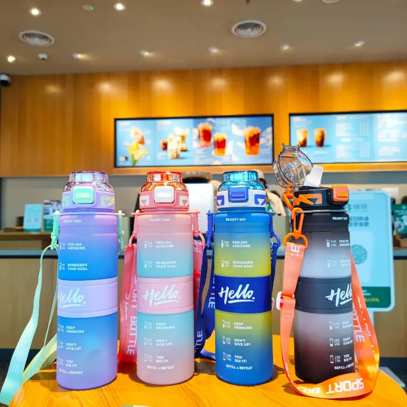 Sport Water Bottle With Straw Portable Fashion Outdoor Durable Gym Fitness Drinking Bottle Gradient Color Kettle 1000ml