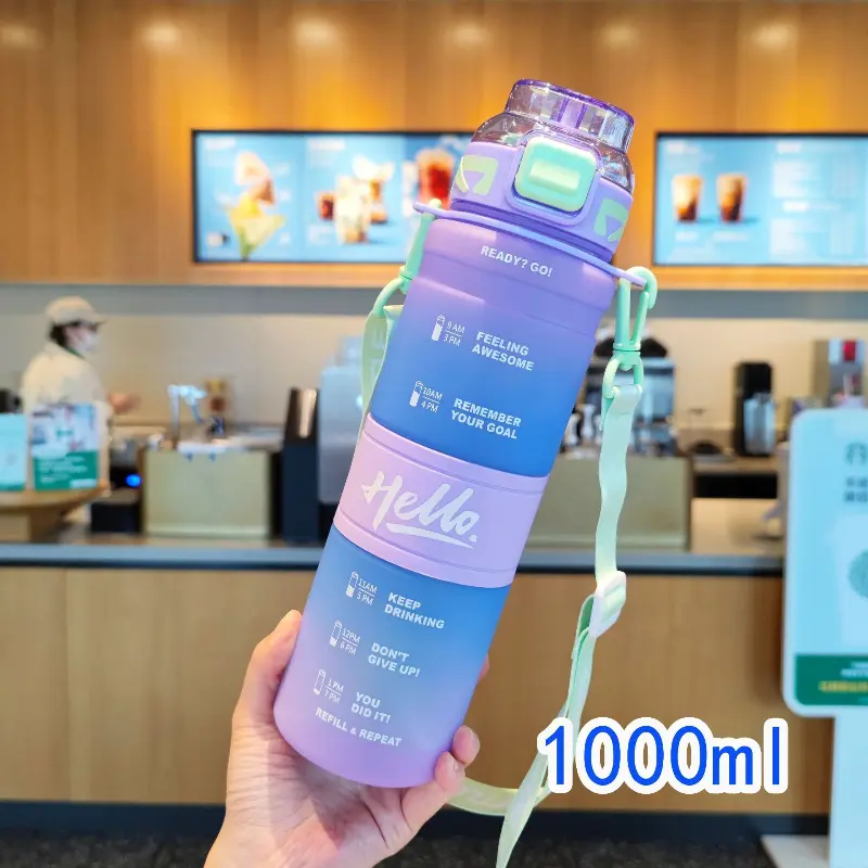 Sport Water Bottle With Straw Portable Fashion Outdoor Durable Gym Fitness Drinking Bottle Gradient Color Kettle 1000ml