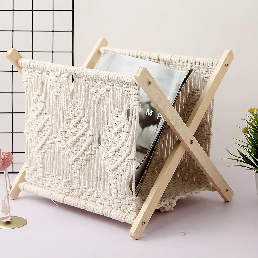 INS Nordic Cotton Rope Woven Basket Rectangle Macrame Storage Basket Magazine Rack Organizer Boho Home Desktop Storage Rack