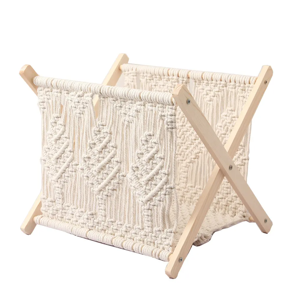 INS Nordic Cotton Rope Woven Basket Rectangle Macrame Storage Basket Magazine Rack Organizer Boho Home Desktop Storage Rack