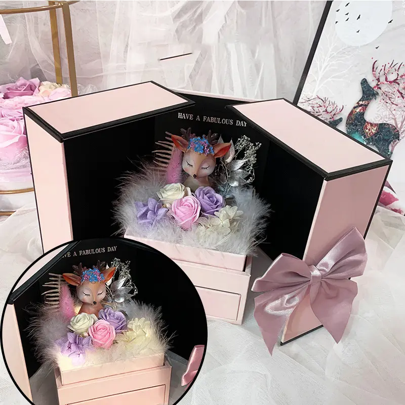 Rose Soap Flower Gift Box Deer Lipstick Preserved Fresh Flower Rose Gift Box Christmas Valentine's Day Creative Gift