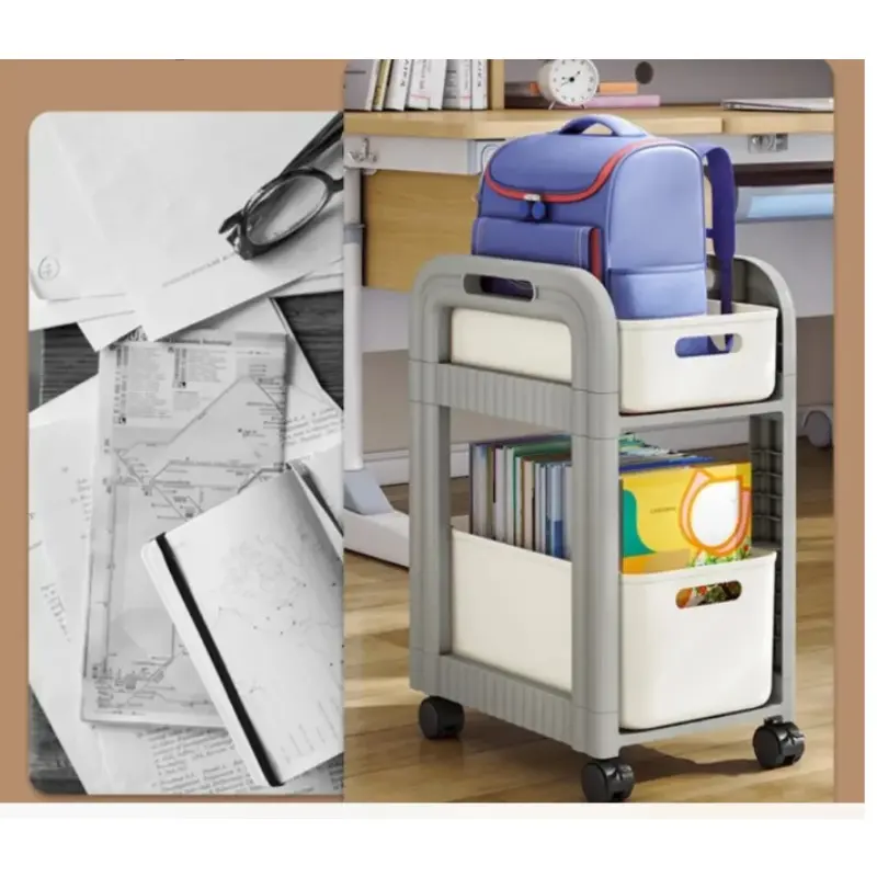 2-Tier Rolling Cart Students School Bags Trolley Table Edge Multi Layer Style Storage Rack Multi Functional Mobile Storage Cart