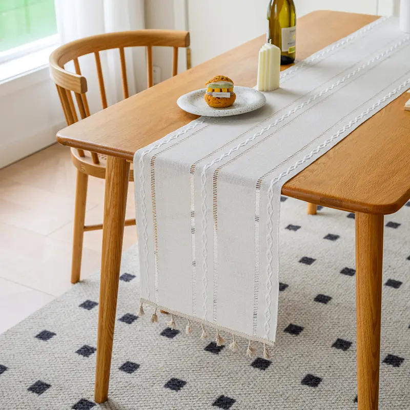 Nordic Striped Jacquard Solid Color Table Flag Cotton Linen Table Cloth Long Tablecloth Fringe Coffee Table Cabinet Decor Bar