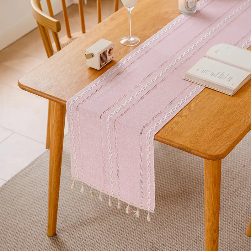 Nordic Striped Jacquard Solid Color Table Flag Cotton Linen Table Cloth Long Tablecloth Fringe Coffee Table Cabinet Decor Bar