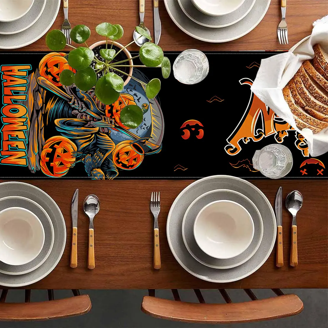 New Halloween Linen Table Flag Pumpkin Skull Printed Tablecloth Holiday Party Decoration Tablecloth Tea Flag Desktop Decoration