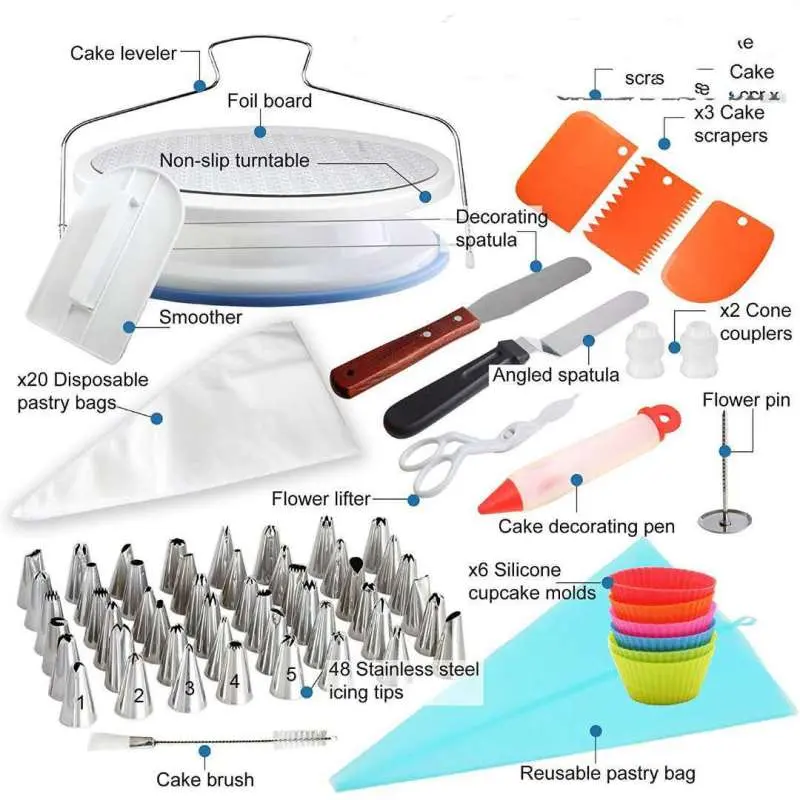90PCS Cake Tools Turntable Rotating Cake Stand Stainless Steel Cake Decorating Tips Set Pastry Spatula Scraper Baking Supplies
