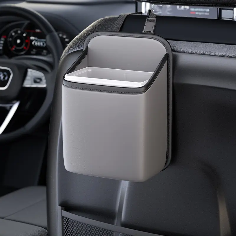 Portable LeatherCar Trash Can Hanging Garbage Garbage StorageStorage BoxWaterproof Strap Handle