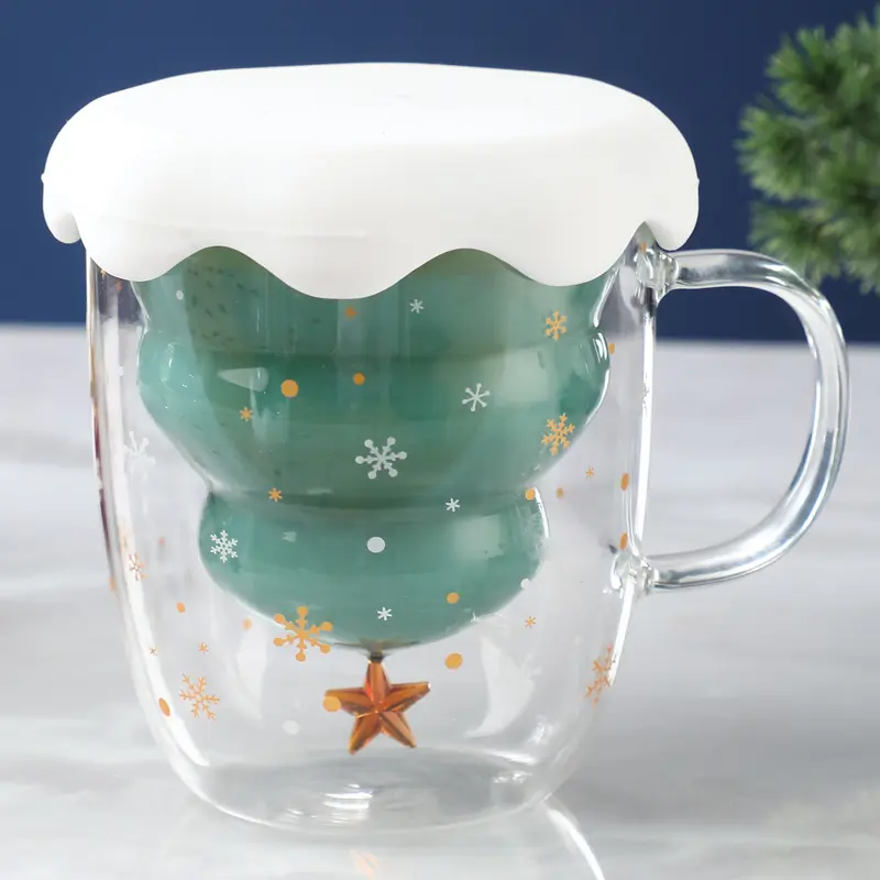 Christmas Tree Mug Heat-Resistant Double Wall Glass Cup with Handle Snowflake Coffee Mug with Lid Drinking Cup Xmas Gift