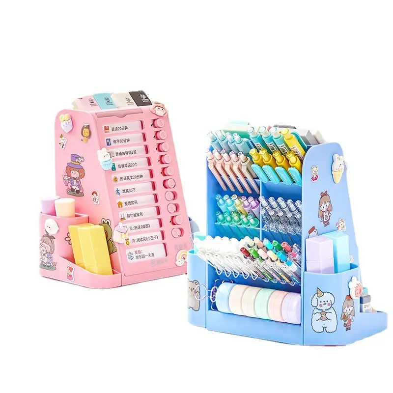 New Rotatable Pen Holder Large Capacity Desk Organizer Self Disciplined Clock in Day Planner Storage Box Pencil Holder Punches